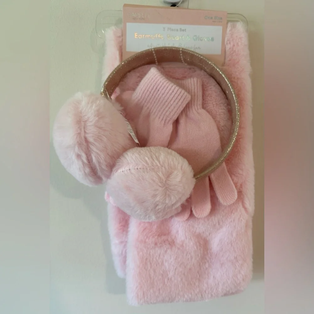 Capelli of New York Girls Pink 3 Piece Set Earmuffs/Scarf/Gloves NWT One…